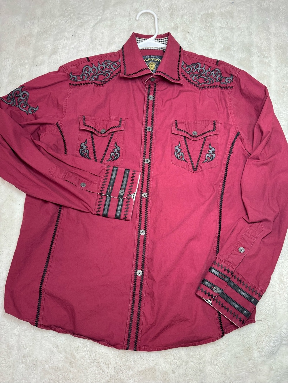 Black Label Men's Red Embroidered Western Button Down - Picture 6 of 6